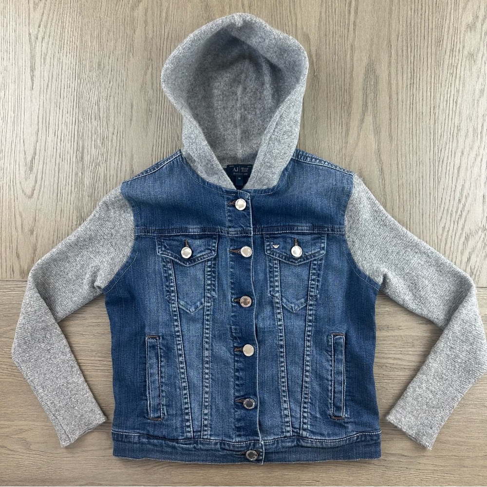 Size XXS Armani Jeans Hooded Denim Jacket Cashmere Wool Knit Sleeve Hybrid